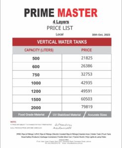 Dura Flow Prime Master Water Tank Price List Jan 2024