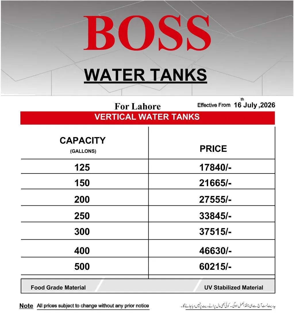 Boss Water Tank Price List 16 july 2026