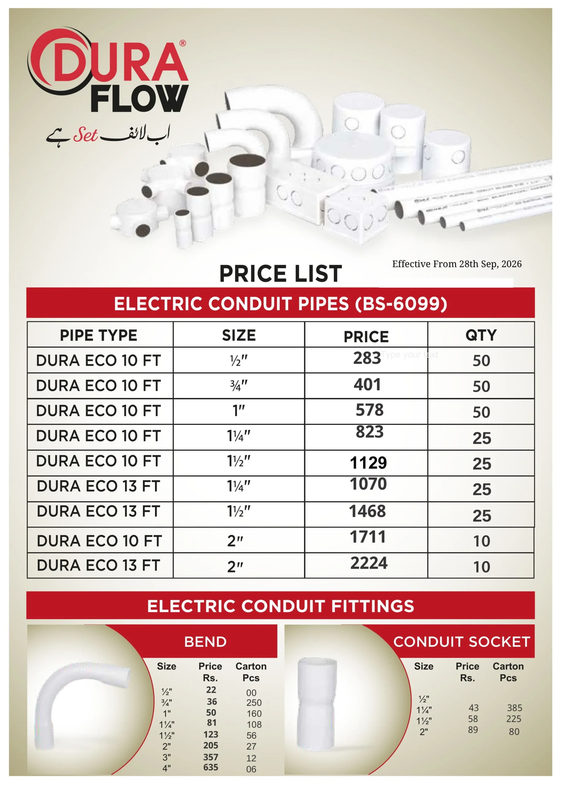 Dura Conduit Pipes Price List 28-09-2026