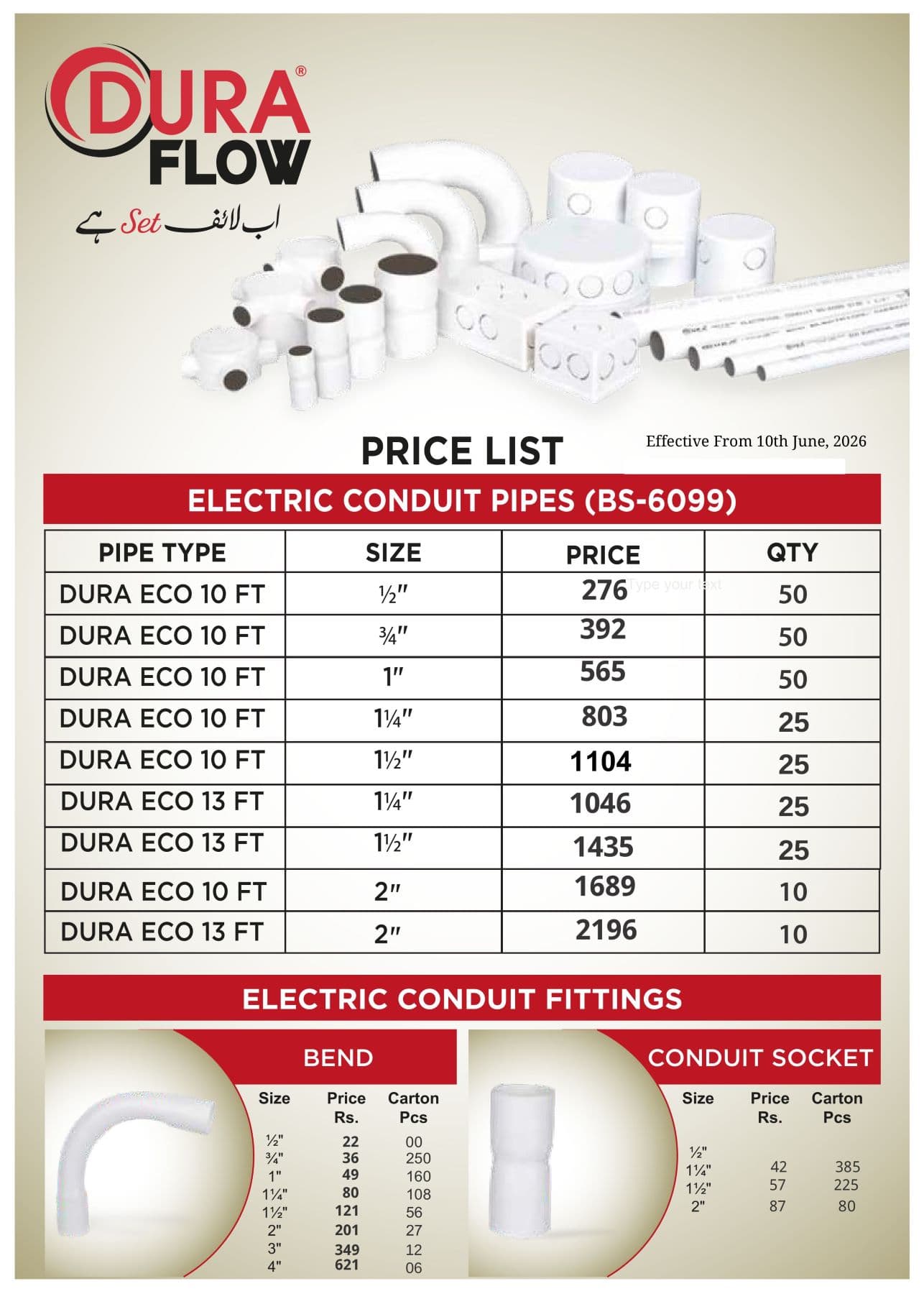 Dura Flow Electric Conduit Pipe & Fitting Rate List 10-06-2026 1