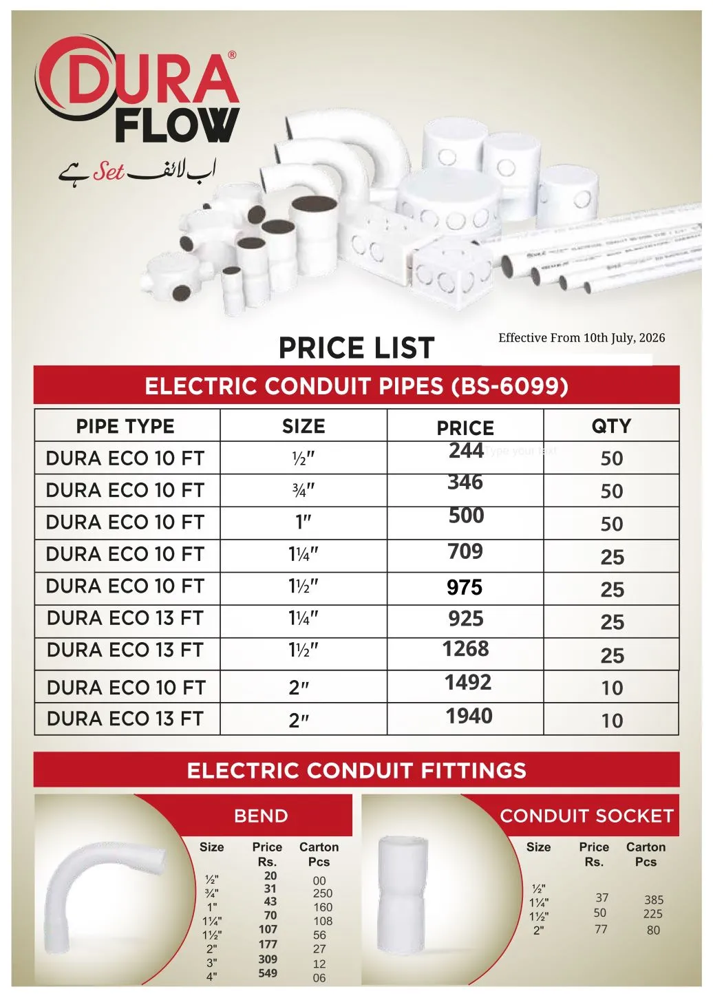 Dura Flow Electrical Conduit Pipes & Fittings Rate List 10 July 2026 1