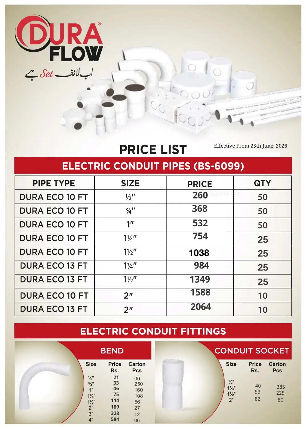 Dura Flow Electrical Conduit Pipes & Fittings Rate List 25 June 2026