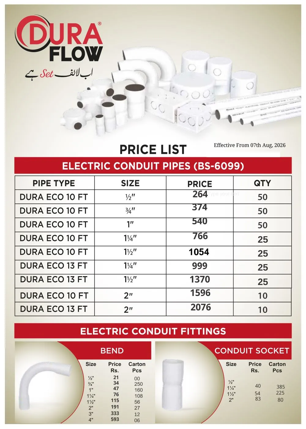 Dura Flow Electrical Conduits Pipe and Fitting Rate List 7 August 2026 1