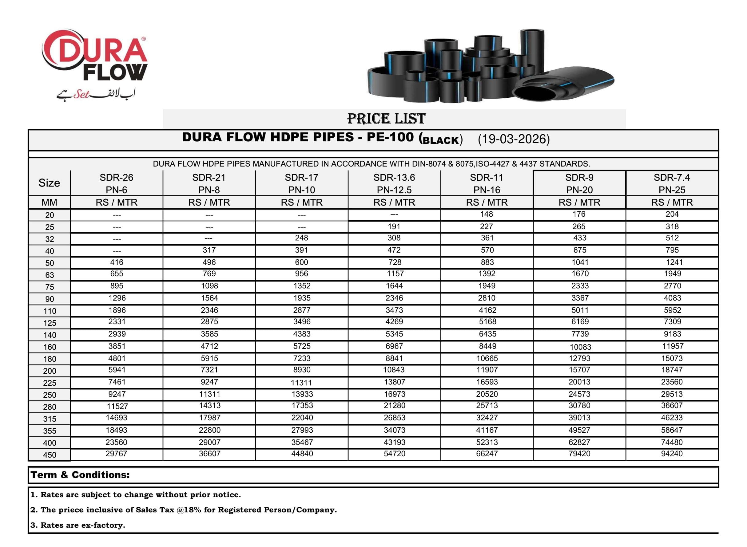 Dura Flow HDPE Pipes Rate List 19 March 2026