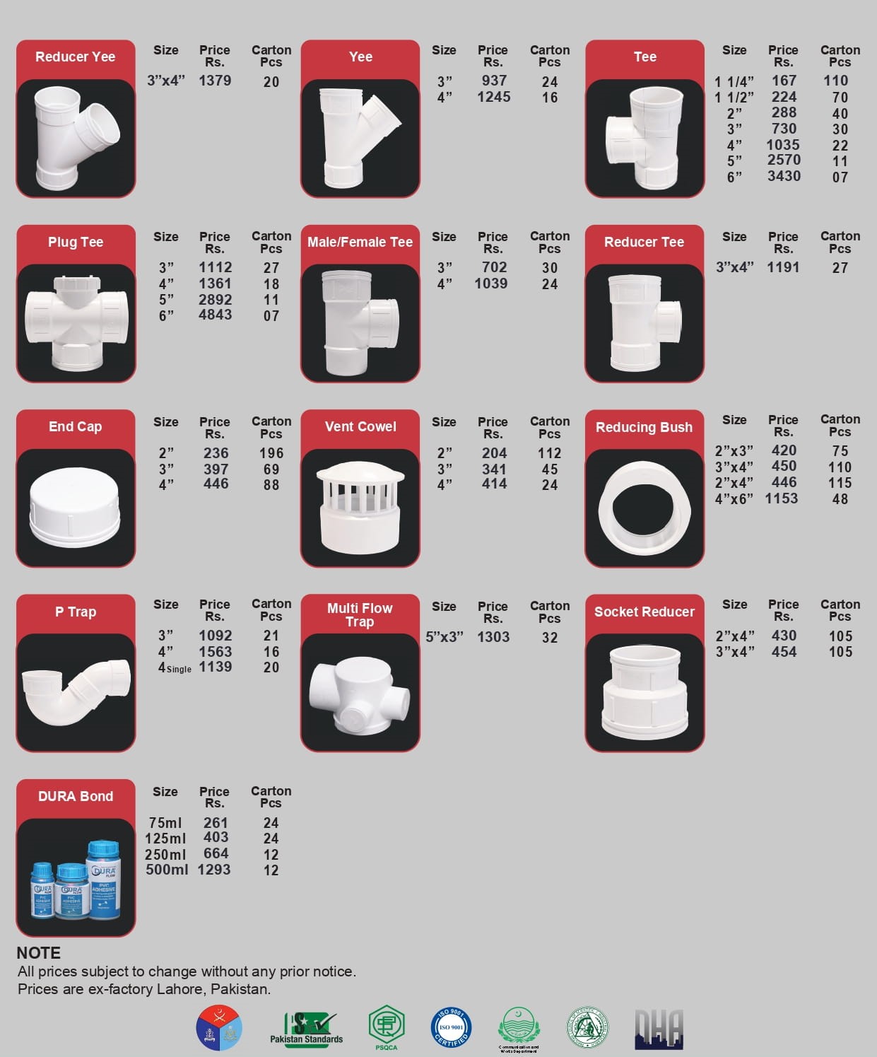 Dura Flow PVC Pipes & Fittings Rate List 15 May 2026 2