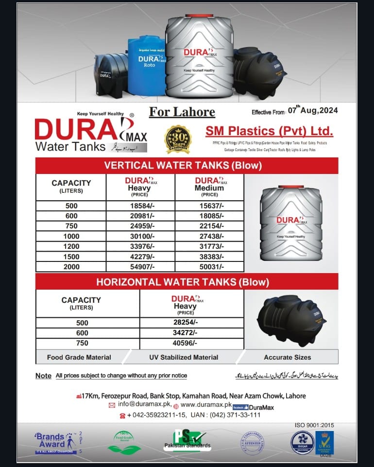 Dura Max Blow Water Tank Rate List - 7-Aug-2024