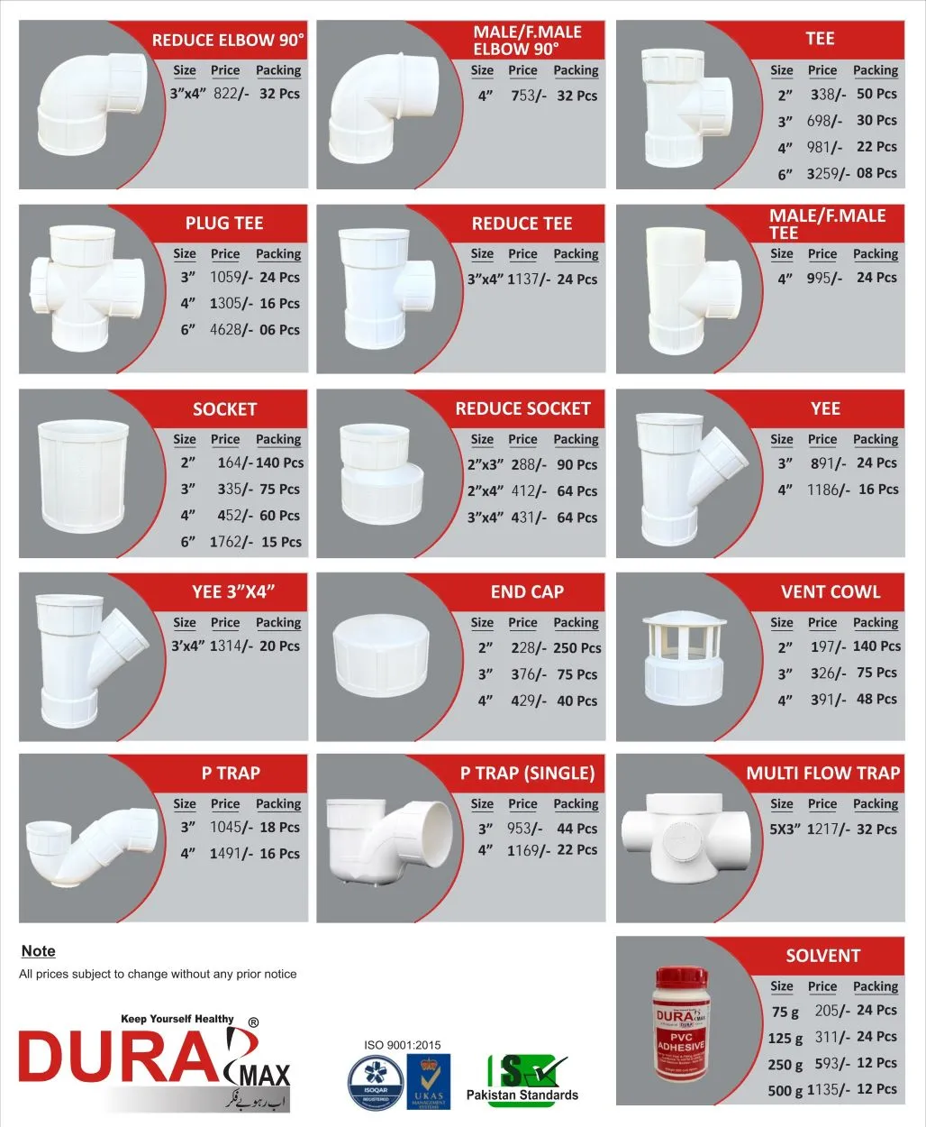 Dura Max PVC Pipes and Fittings Rate List 3 August 2026 2