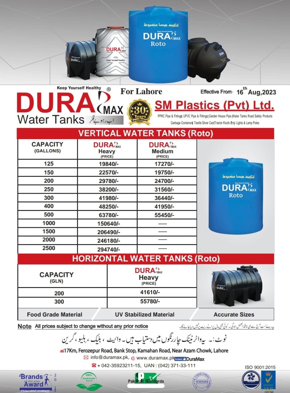 Dura Max Water Tank (Roto) Price List - 16 Aug 2023