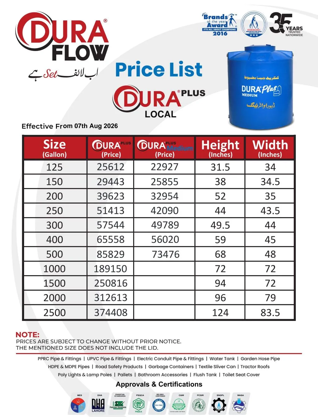 Dura Plus Water Tank Price List 7 August 2026