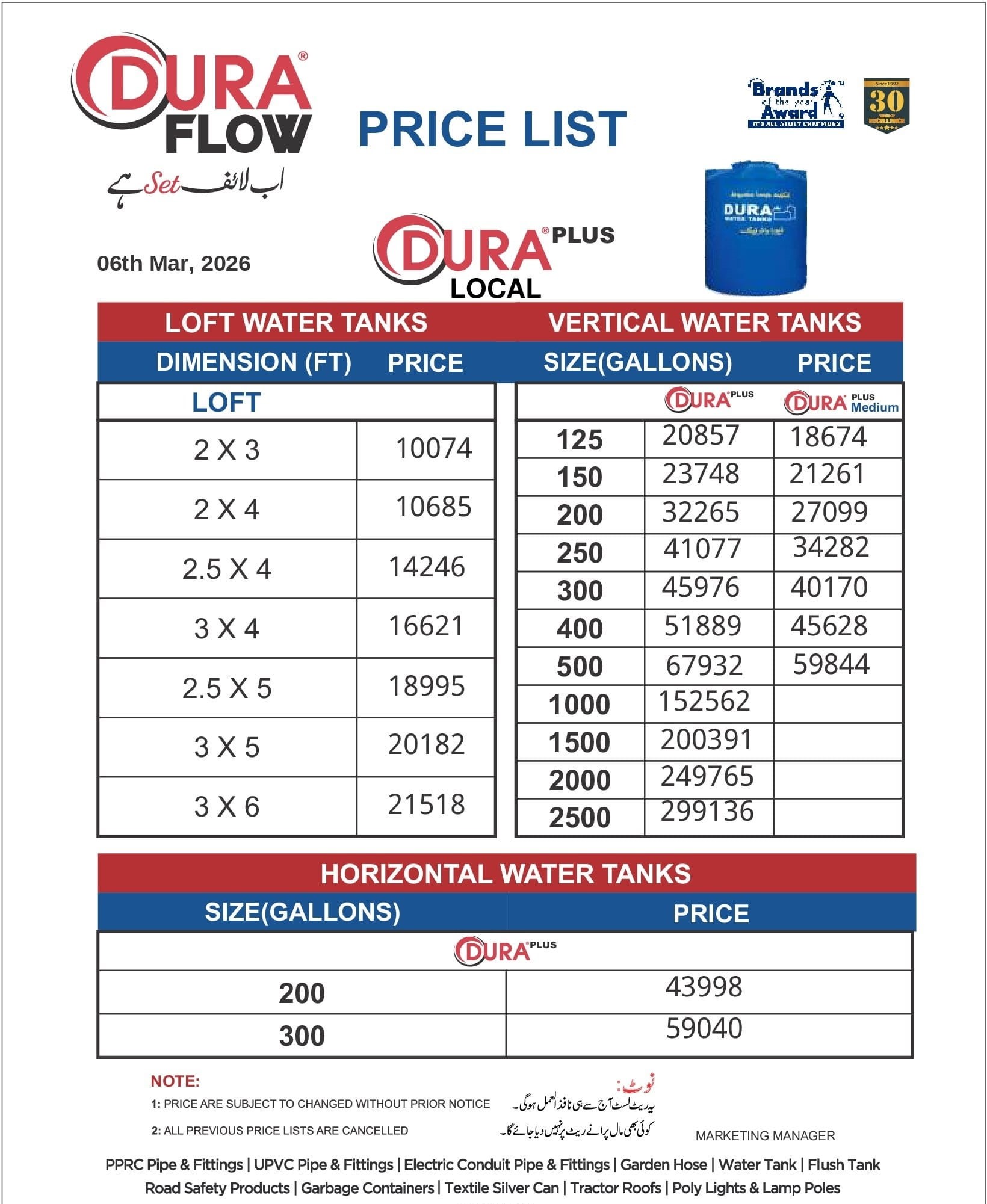 Dura Plus Water Tank Price List Dated 06-03-2026