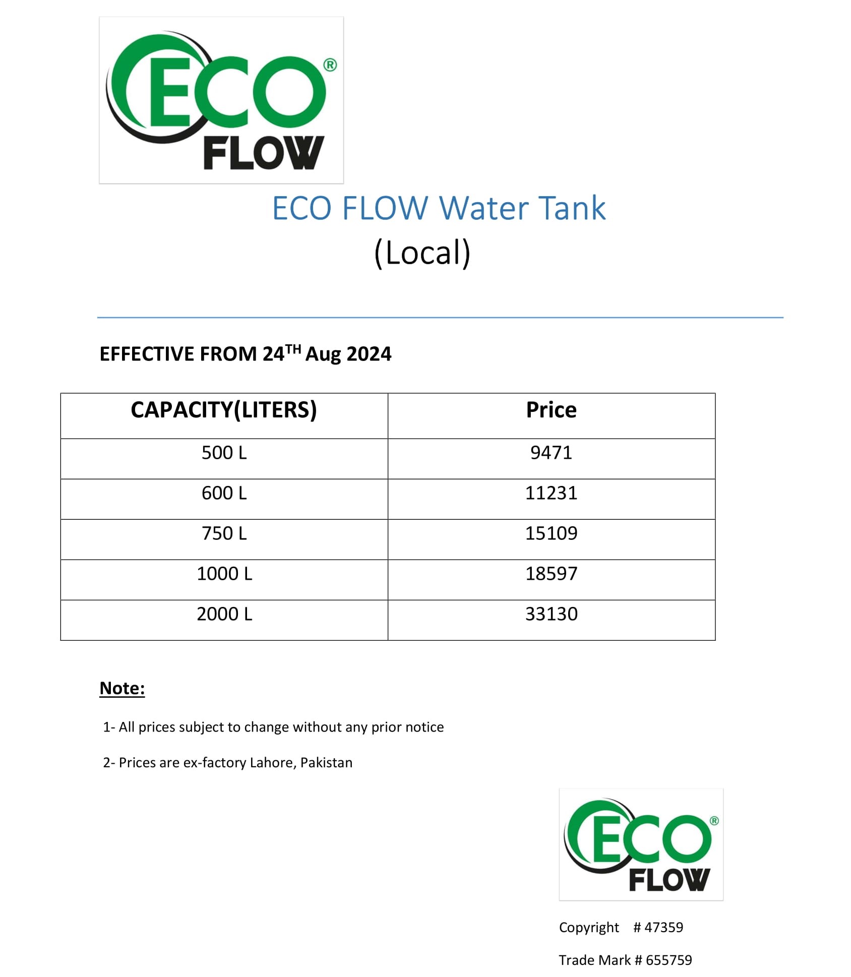 Eco Flow Water Tank Price List 24-08-2024