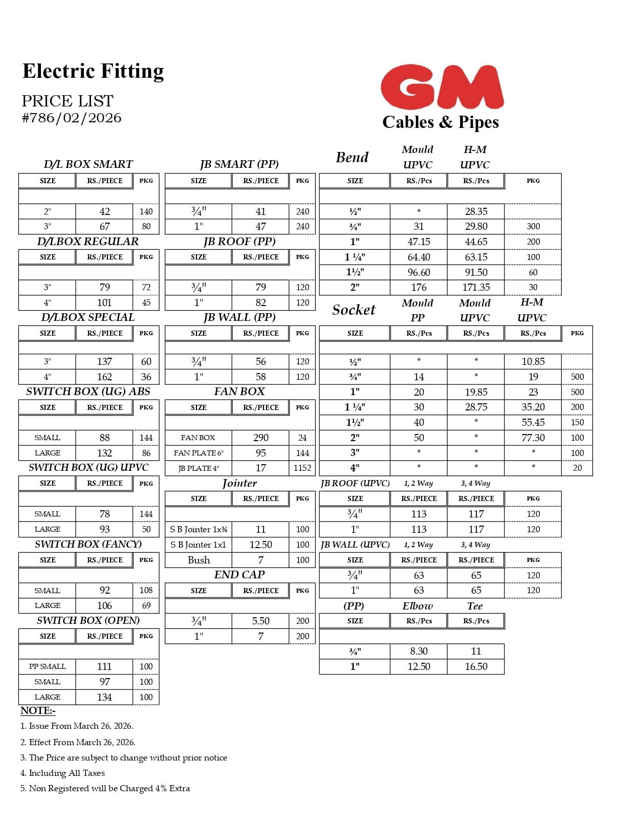 GM Electric Fitting Rate List 26 March 2026