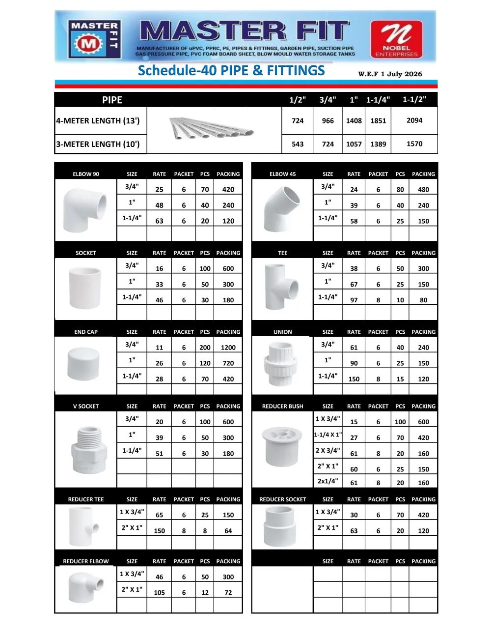 Master Fit Electrical Conduits Pipe & Fitting Rate List 1 July 2026