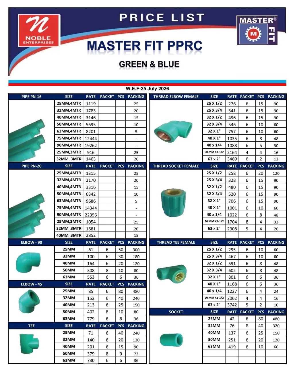 Master Fit PPR Pipes and Fittings Rate List 25 July 2026 1