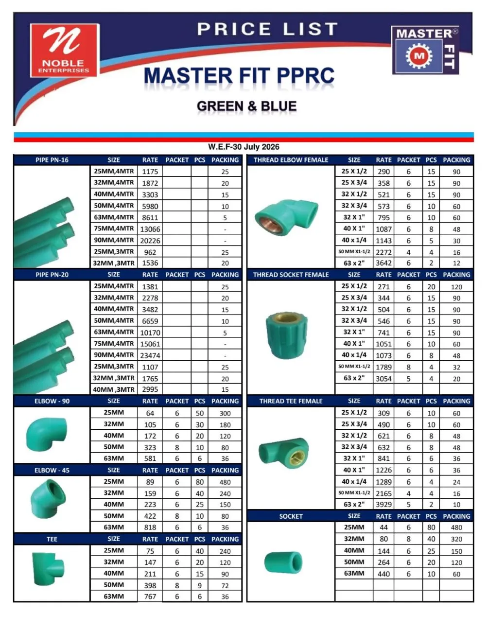 Master Fit PPR Pipes and Fittings Rate List 30 July 2026 1