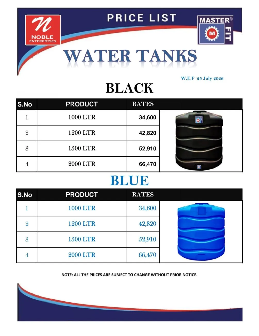 Master Fit Water Tanks Rate List 25 July 2026