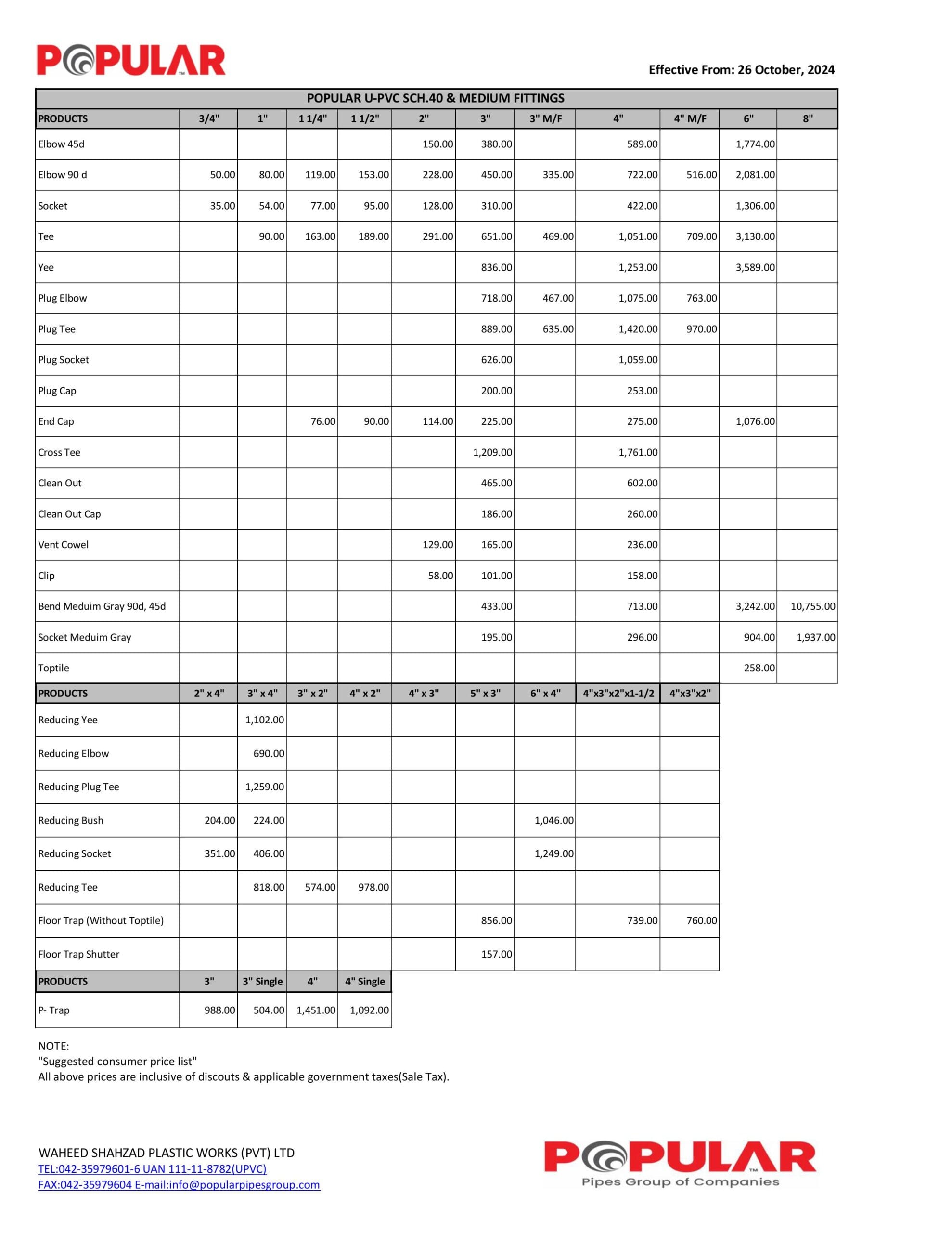 Popular PVC Fittings Price List 26-Oct-2024