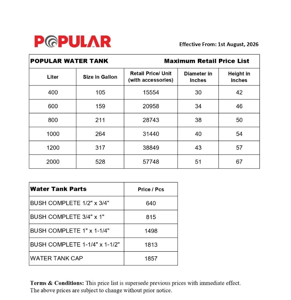 Popular Water Tank Rate List 1 August 2026