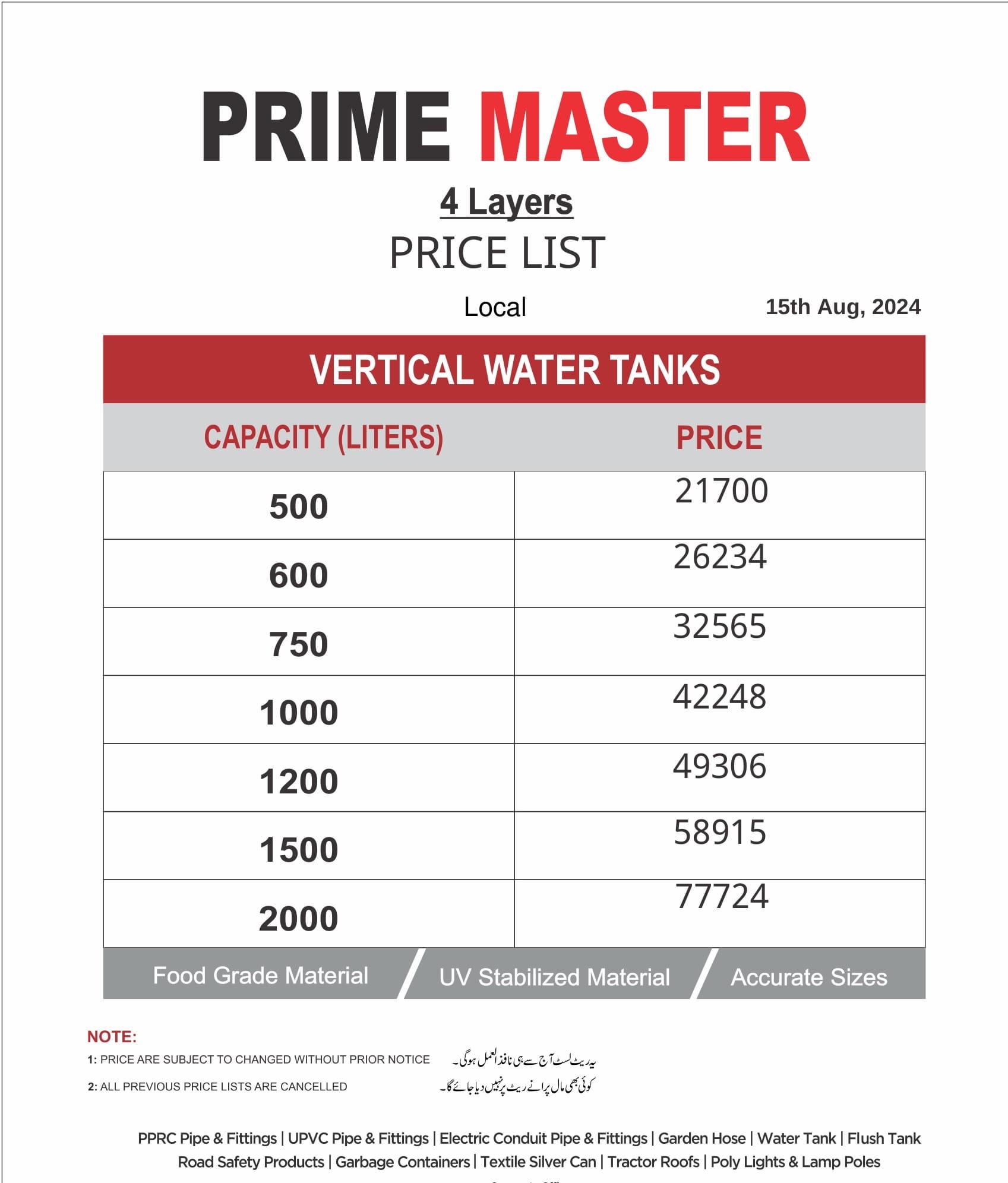 Prime Master Water Tank Rate List 15-Aug-2024