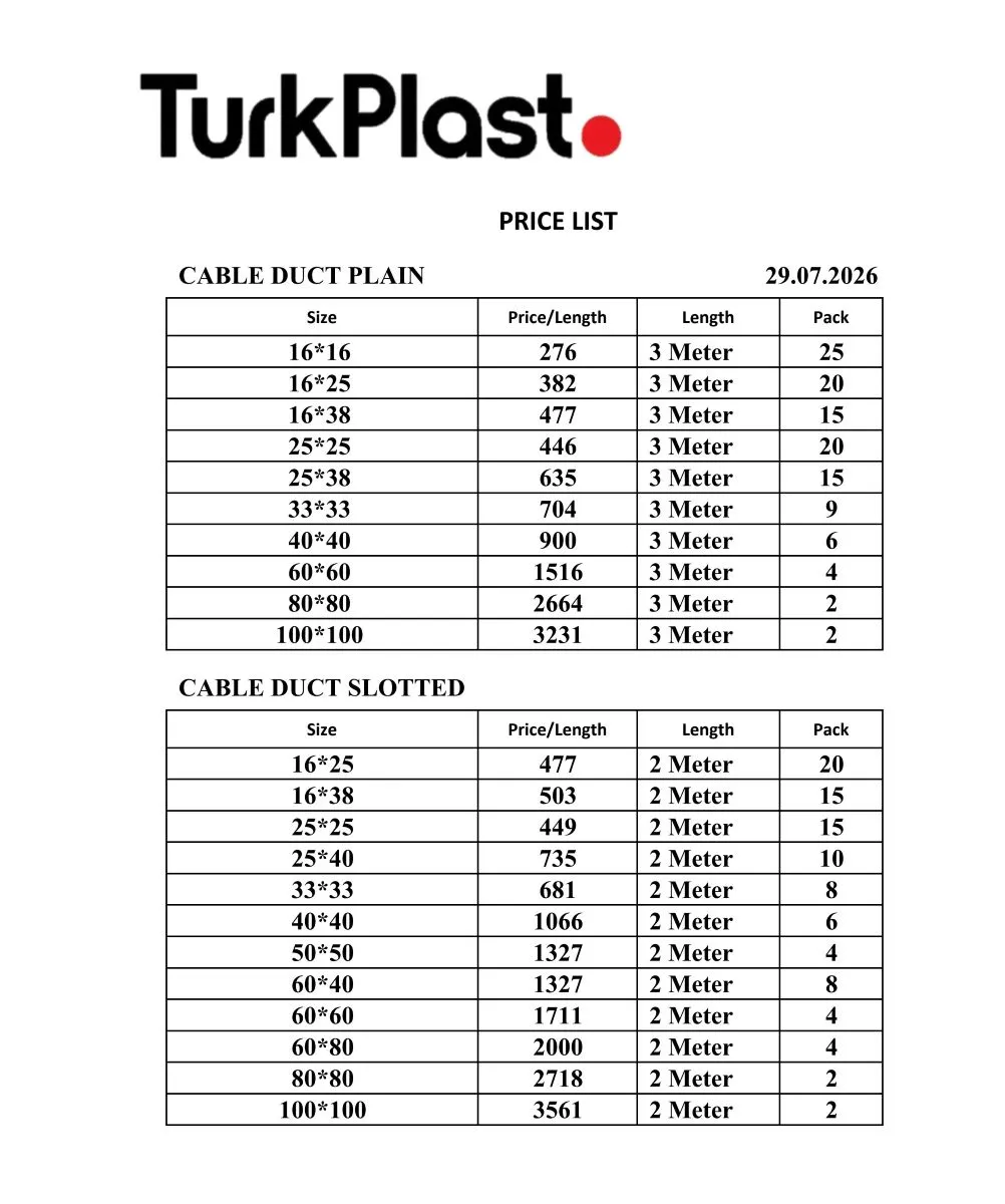 Turk Plast Cable Duct Rate List 29 July 2026