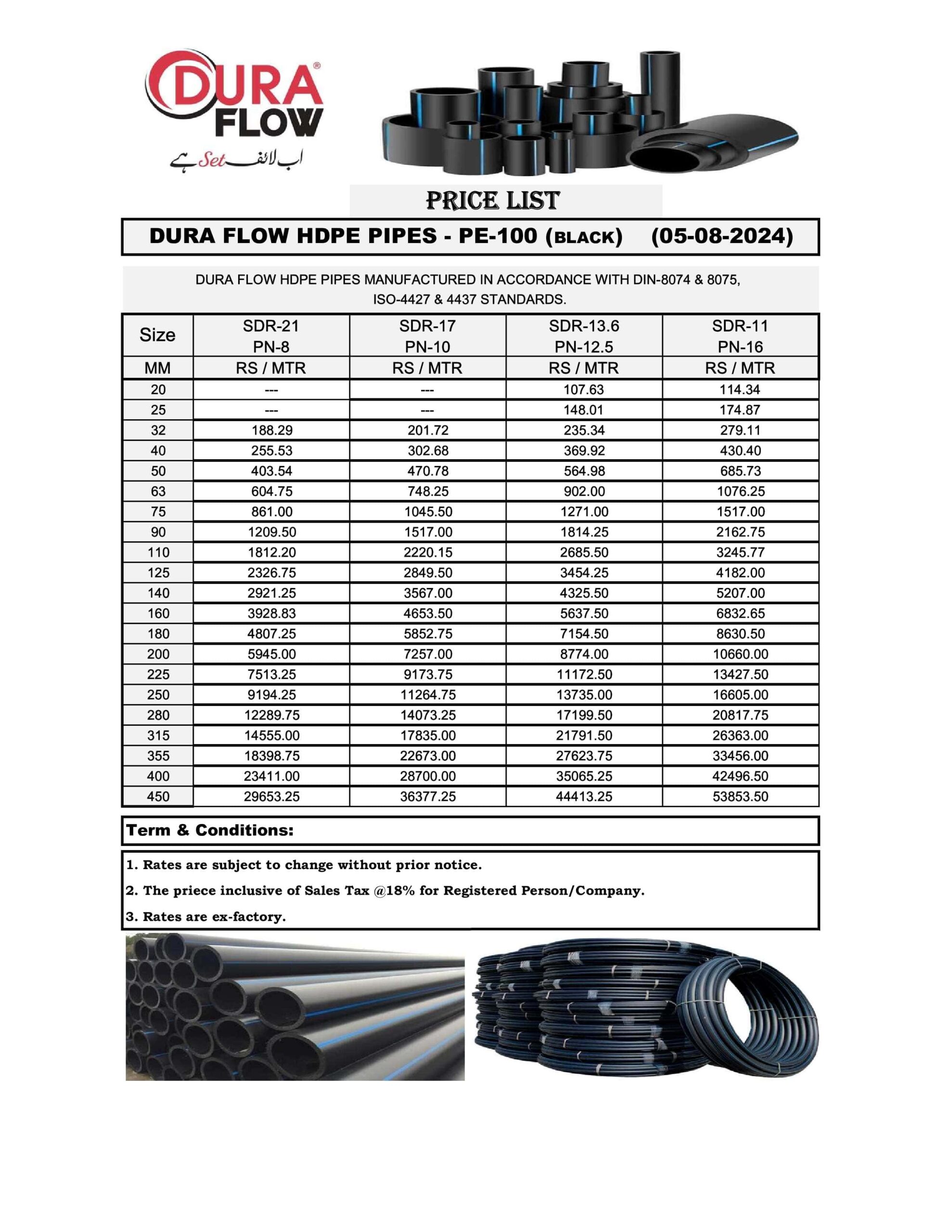 Updated Dura Flow HDPE Pipes Price List